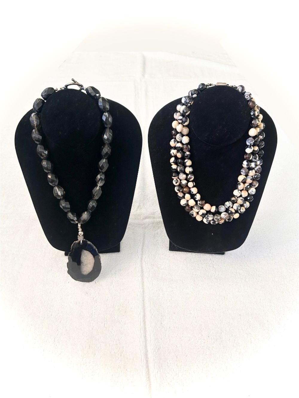 Lot of 2 Artisan Necklaces Real stone agate large pendant triple strand
